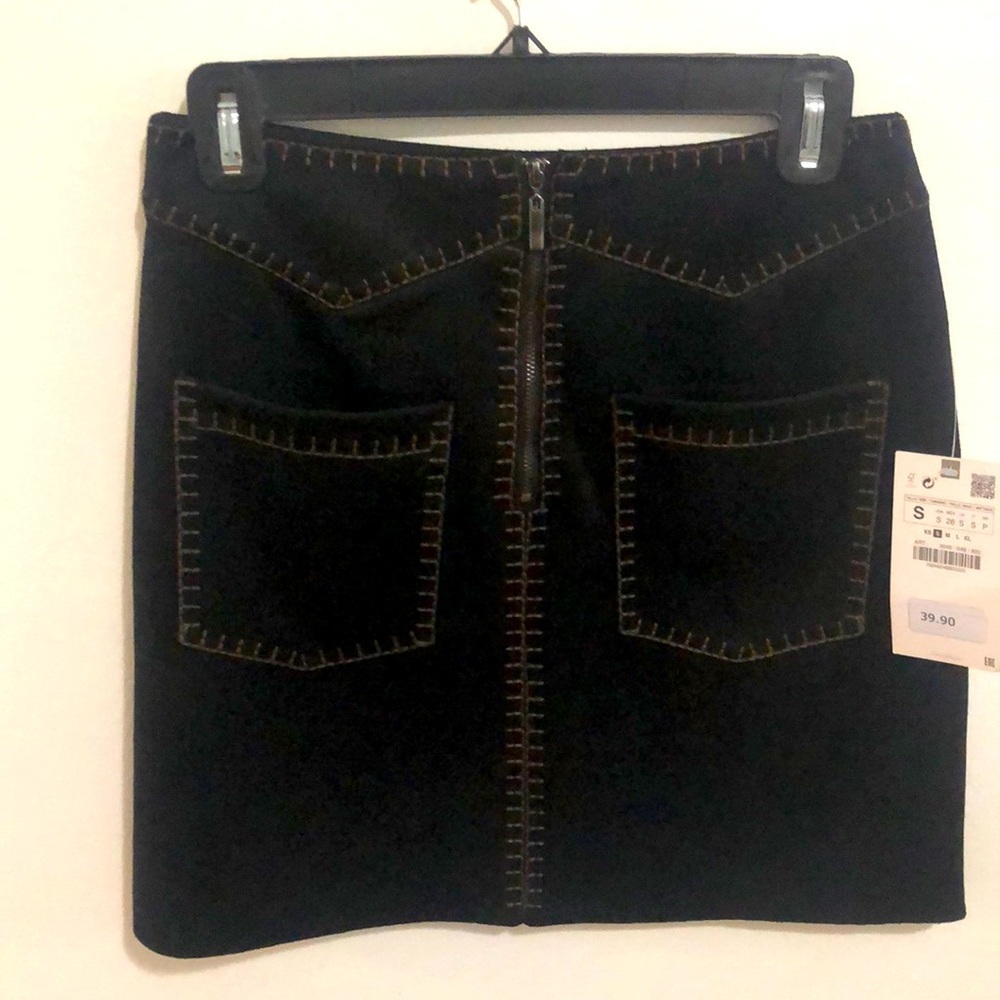 Zara black suede skirt with brown stitching NWT